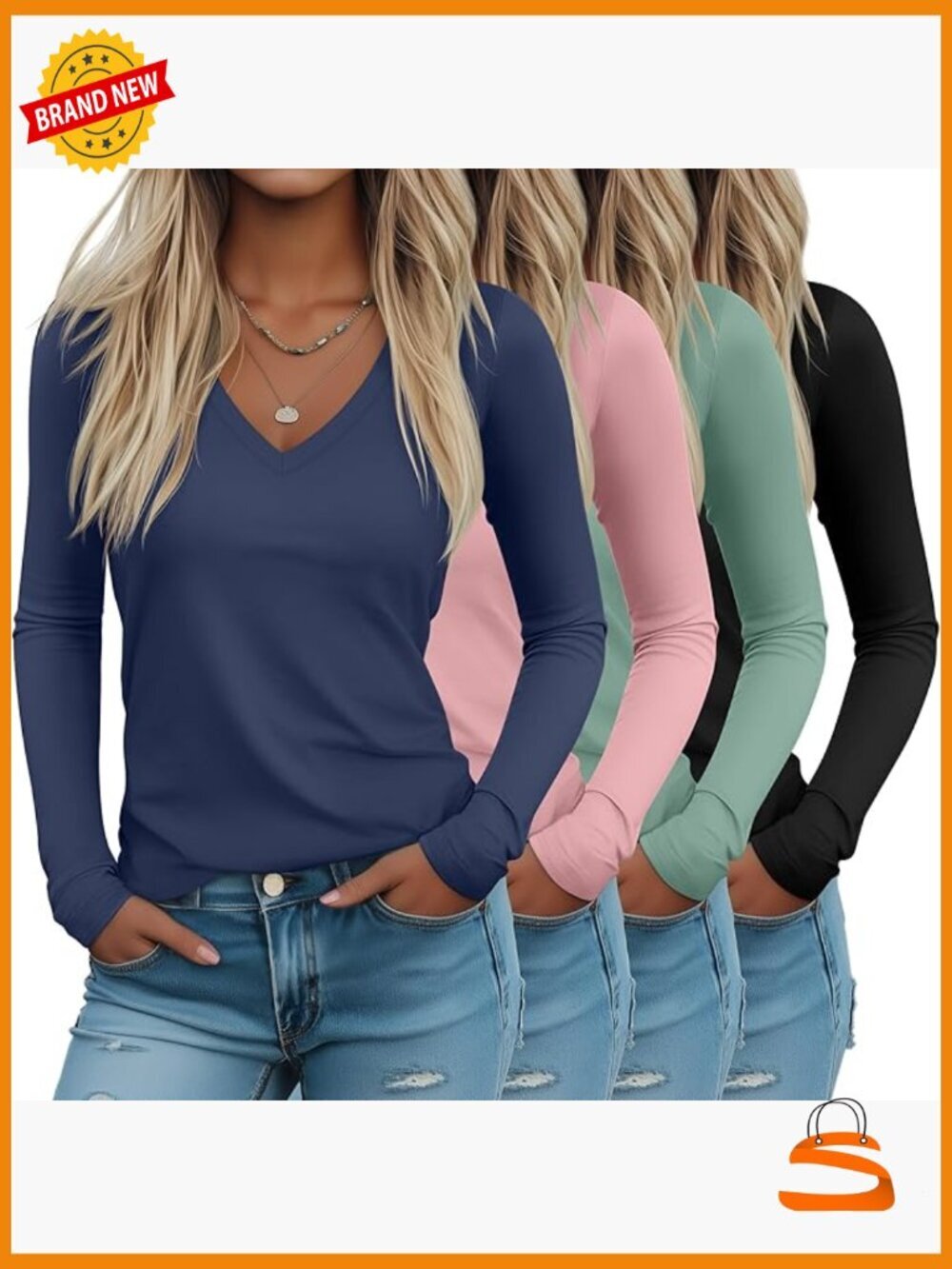 4 Pack Women's Deep V Neck Long Sleeve Slim Fitted Tee Tops